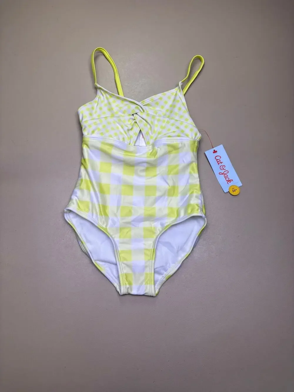 Cat & Jack Girls Yellow Gingham One Piece Swimsuit Size S 6/7 NWT Cutout UPF 50